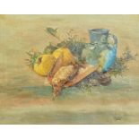 Oil on canvas still life of a dead thrush and robin, fruit & a jug by F S Hall 1918. Frame size 68cm