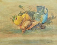 Oil on canvas still life of a dead thrush and robin, fruit & a jug by F S Hall 1918. Frame size 68cm