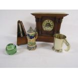 Collection of items to include Maelzel Metronome, wooden mantel clock, horn handled mug, glass