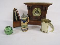 Collection of items to include Maelzel Metronome, wooden mantel clock, horn handled mug, glass