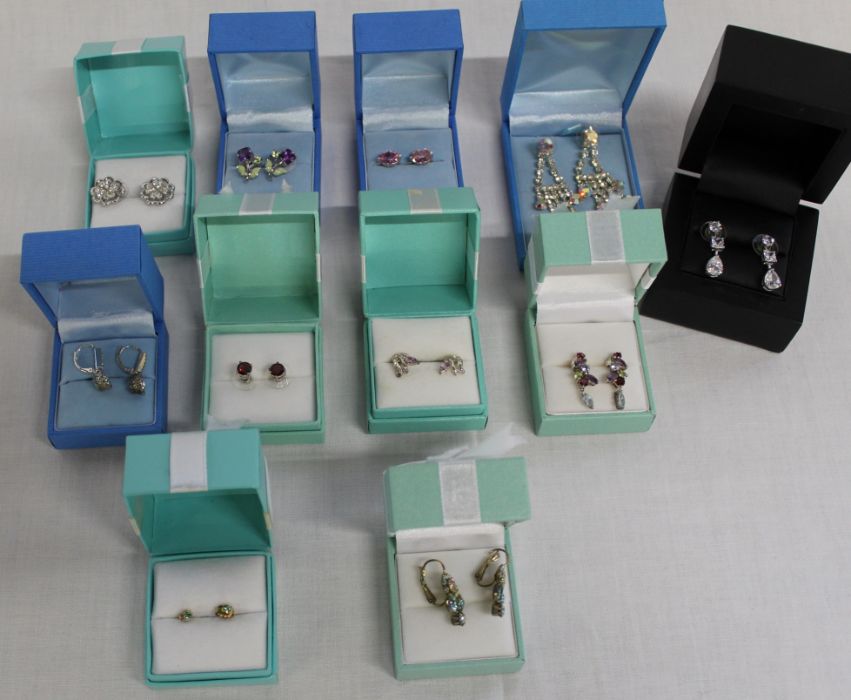 11 sets of costume jewellery earrings including Kirks Folly, five pairs marked 925