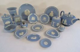 Collection of Wedgwood blue Jasper Ware to include teapot, plates, lighter, trinket dishes etc