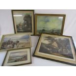 Collection of 5 prints to include a print of children on the beach bearing Myles Birket Foster