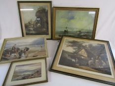 Collection of 5 prints to include a print of children on the beach bearing Myles Birket Foster