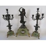Art Deco spelter figure clock (missing clock) on marble stand approx. 62cm x 32cm x 20.5cm with 2