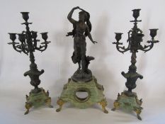 Art Deco spelter figure clock (missing clock) on marble stand approx. 62cm x 32cm x 20.5cm with 2