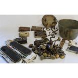 Brass jam pan, selection of brass door knobs, rim locks, 9 Victorian ceramic finger plates, Indian