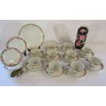 Alfred Meakin cups and saucers and cake plate (some faded and chipped), Ducal vase and a brass