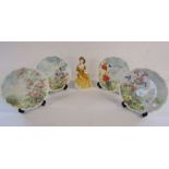 Royal Doulton figurine 'Sandra' and 4 x Royal Albert 'Flowers of the Hedgerow' plates (stands not