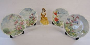 Royal Doulton figurine 'Sandra' and 4 x Royal Albert 'Flowers of the Hedgerow' plates (stands not