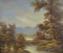 Framed oil on canvas depicting wooded landscape signed 'Burton' measuring approx. 29" x 25" (