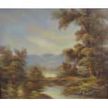 Framed oil on canvas depicting wooded landscape signed 'Burton' measuring approx. 29" x 25" (