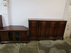 Mahogany veneered regency style sideboard approx. 153cm x 43.5cm x 8.5cm and television cabinet