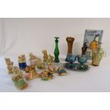 Selection of Pendelfin bunny figures and glassware to include an Avon bottle with stopper, blue