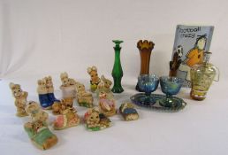 Selection of Pendelfin bunny figures and glassware to include an Avon bottle with stopper, blue