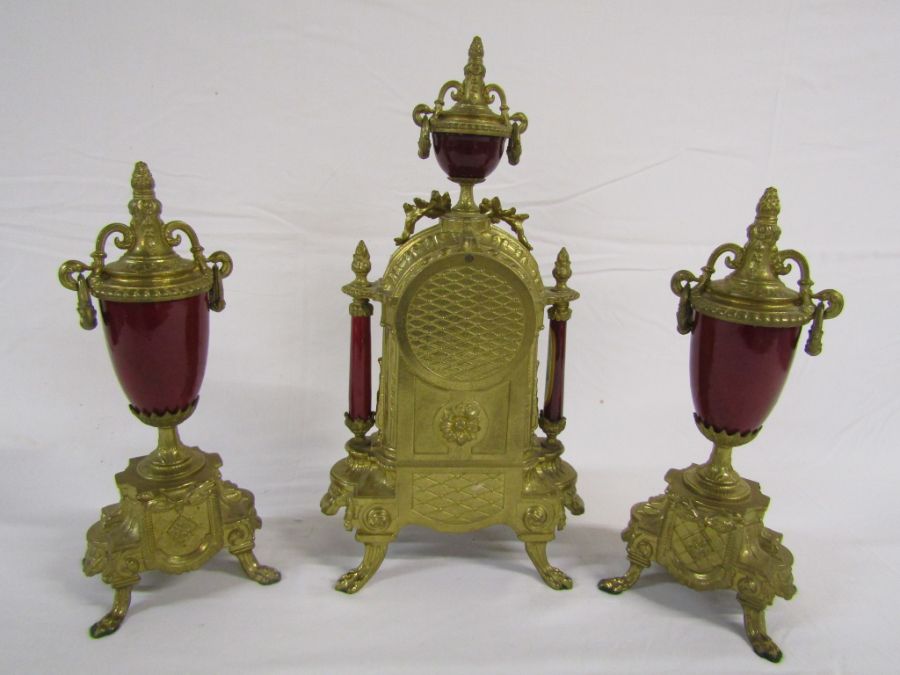 20th century French style gilt metal and porcelain clock garniture - the clock having German - Image 7 of 10