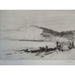 E Popple landscape etching - 'South Foreland' damage to glass 50cm x 40cm (including frame)