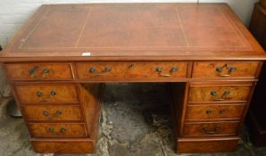 Burr walnut veneer twin pedestal desk with leather skiver L 137cm D 76cm H77cm (missing handle