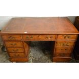 Burr walnut veneer twin pedestal desk with leather skiver L 137cm D 76cm H77cm (missing handle