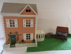 Dolls house with furniture approx. 62.5cm x 42cm x 48cm, greenhouse and conservatory, figures and