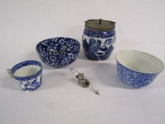 Small collection of different blue & white to include a metal mounted biscuit barrel, Fenton dish