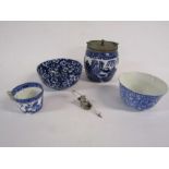 Small collection of different blue & white to include a metal mounted biscuit barrel, Fenton dish