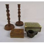 Mixed selection of wooden items, to include a mother of pearl inlaid jewellery box, Green man wooden