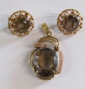 14ct two tone gold earring and pendant set with smokey quartz stone pendant approx. 4cm x 2.1cm W