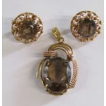 14ct two tone gold earring and pendant set with smokey quartz stone pendant approx. 4cm x 2.1cm W