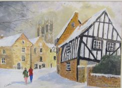 Framed acrylic depicting view of Lincoln Cathedral in the snow signed Simon Fountain