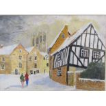 Framed acrylic depicting view of Lincoln Cathedral in the snow signed Simon Fountain