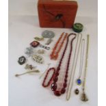 Collection of costume jewellery and box to include black mourning style pendant with pearl approx.