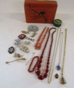 Collection of costume jewellery and box to include black mourning style pendant with pearl approx.