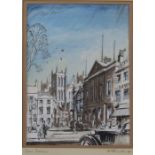 Framed colour wash pen and ink drawing of Ripon Yorkshire signed ** Rooke 1941 49 cm x 60 cm (size