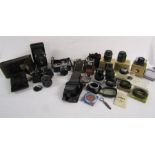 Nikon camera, Nikkormat Nikon camera, Goerz Compur camera, selection of lenses, Nikon, Komura etc