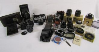 Nikon camera, Nikkormat Nikon camera, Goerz Compur camera, selection of lenses, Nikon, Komura etc