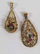 2 x pendants tested as possibly 15ct gold with ladies faces and ruby stone - smaller 2 tone French