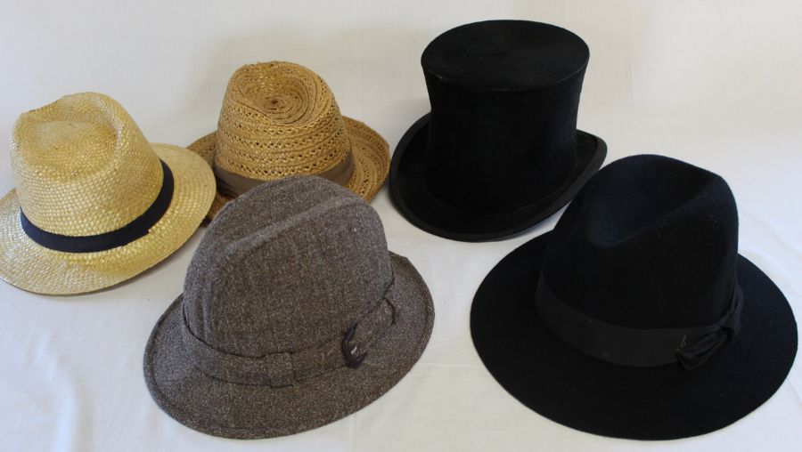 Top hat, wool trilby, Christys' London wool hat, & 2 straw hats