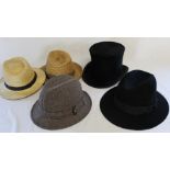 Top hat, wool trilby, Christys' London wool hat, & 2 straw hats