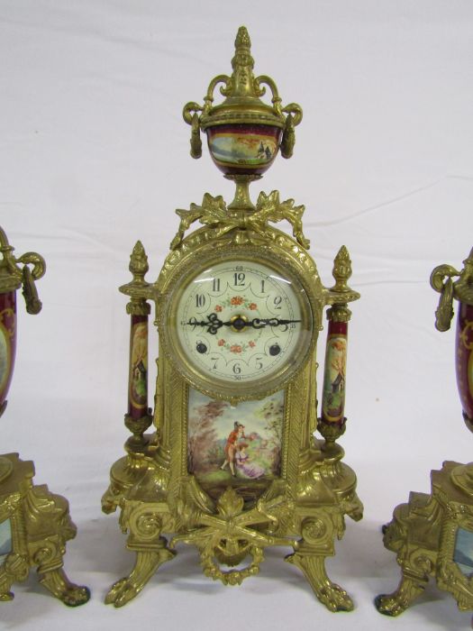 20th century French style gilt metal and porcelain clock garniture - the clock having German - Image 4 of 10