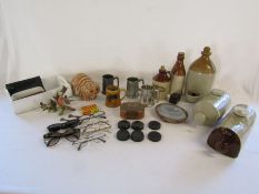 Collection of items to include stoneware bottles, glasses, Bindi bird ornament, a large print