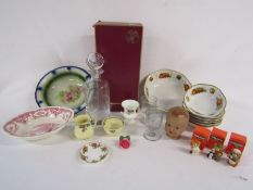 Collection of items to include Wedgwood decanter, Yorkshire tea teddy ornaments, Wedgwood, Royal