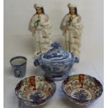 Two matching Staffordshire flatback figures men holding parrots, pair of Imari bowls, blue and white