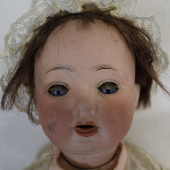 Small bisque head doll marked "UNIS France" on composition straight limb body with fixed eyes, - Image 6 of 12