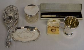 Possibly silver backed hair brush, silver topped pin pot, silver plate tray, silver plate