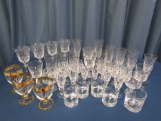 Large collection of crystal and cut glass glasses, including bubble bottom short tumblers, and