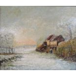 Framed Continental oil painting depicting winter scene  - unsigned, approx. 69cm x 59cm (includes