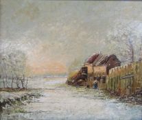 Framed Continental oil painting depicting winter scene  - unsigned, approx. 69cm x 59cm (includes