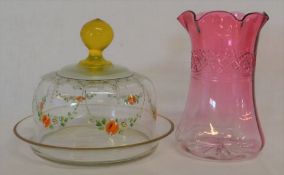 Cranberry glass vase & a Mary Gregory glass style butter/cheese dish