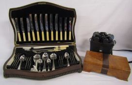 Thomas Ward & Sons 'Wardonia' canteen of cutlery, a wooden box and a pair of Prinz binoculars